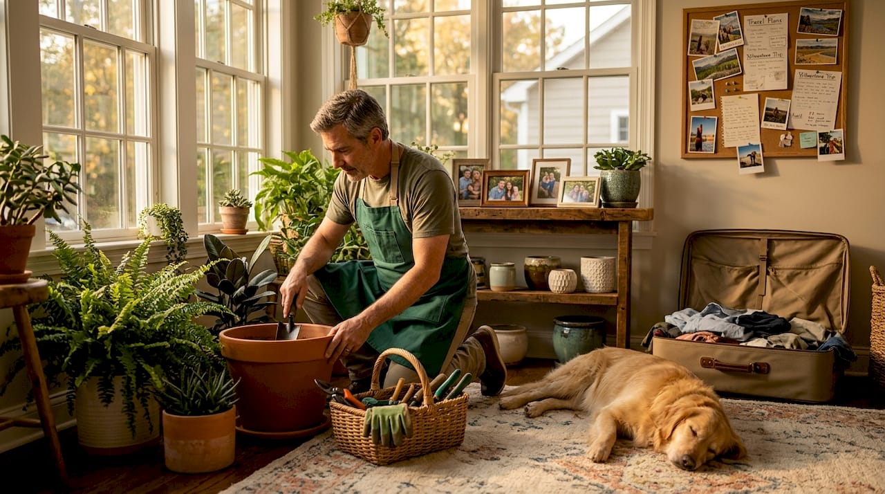 Man caring for pet in home exchange setting