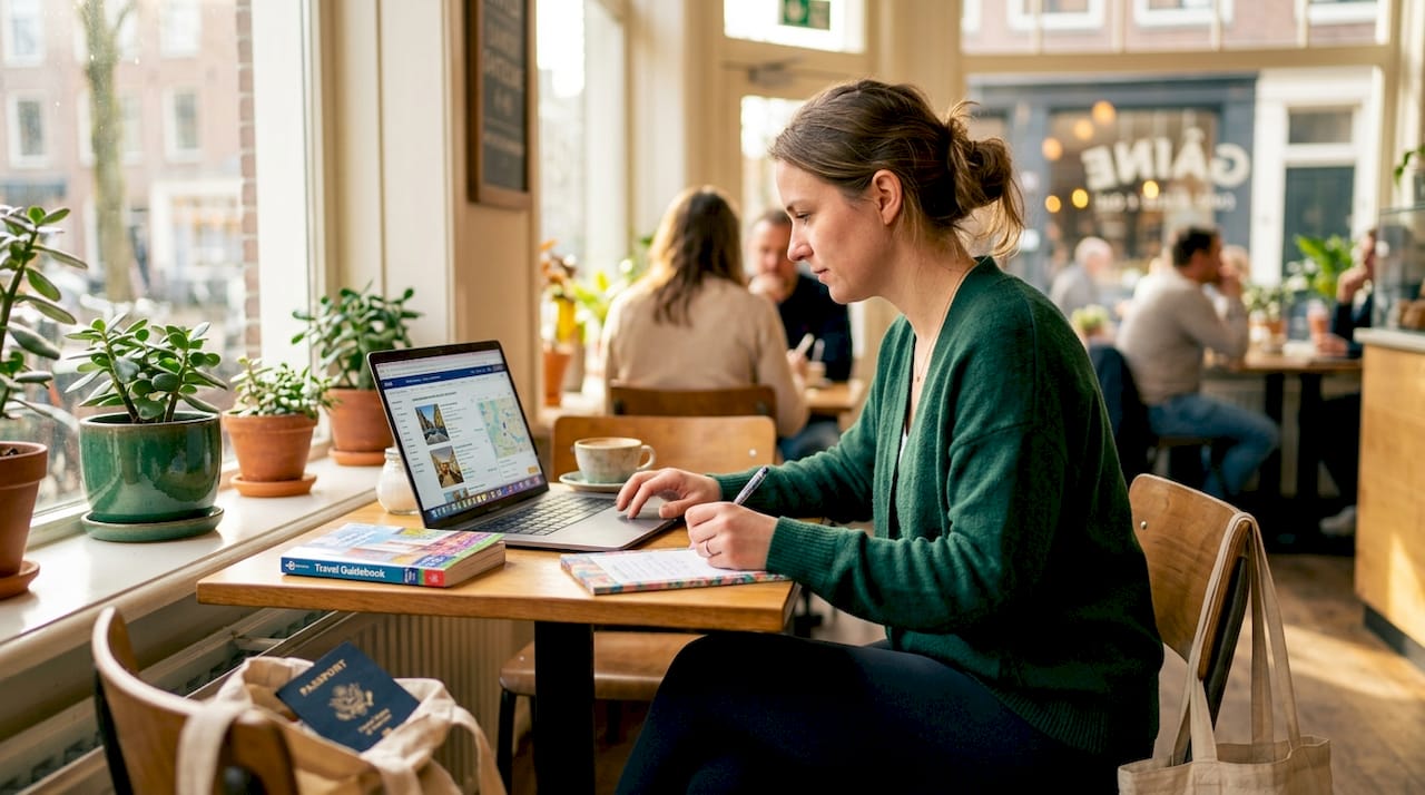 Budget traveler researching stays on laptop