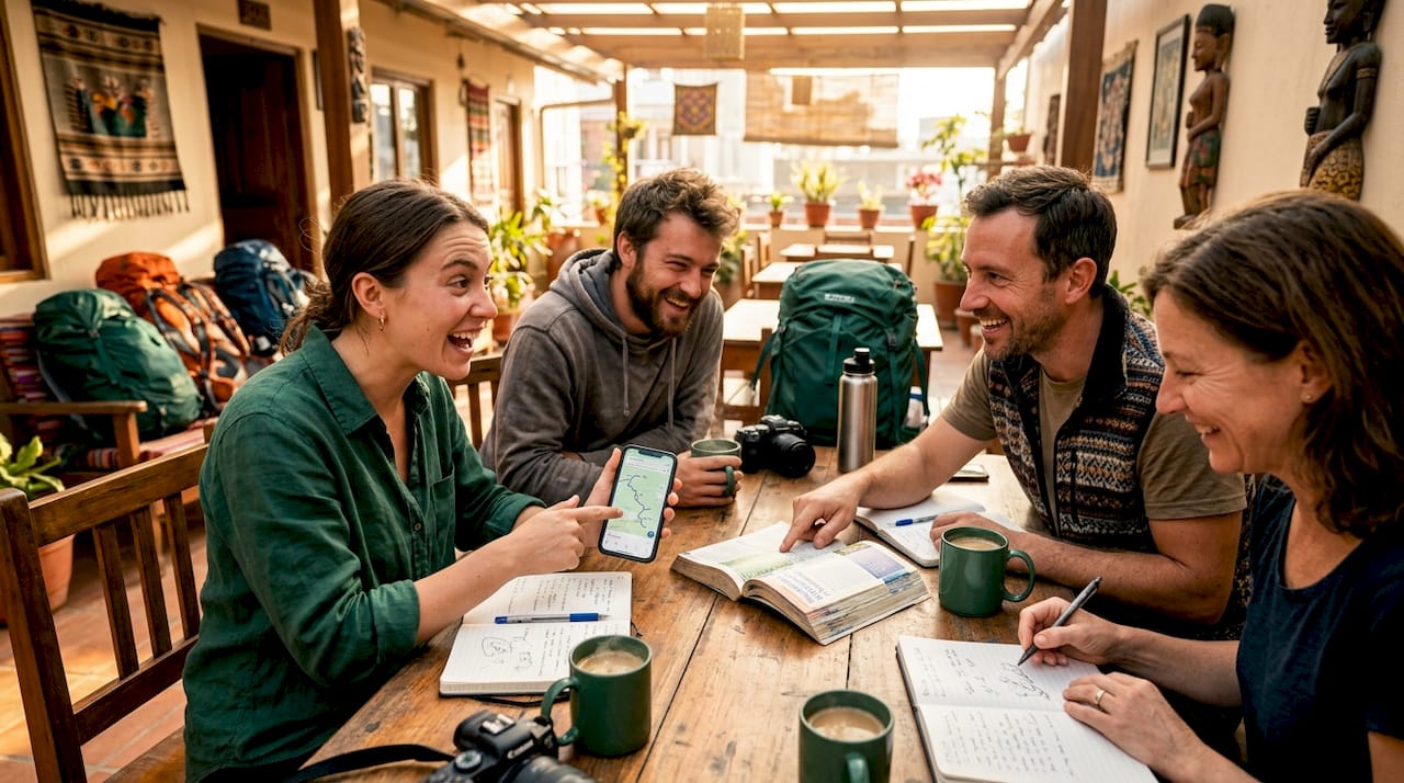 Travelers planning trip around hostel table