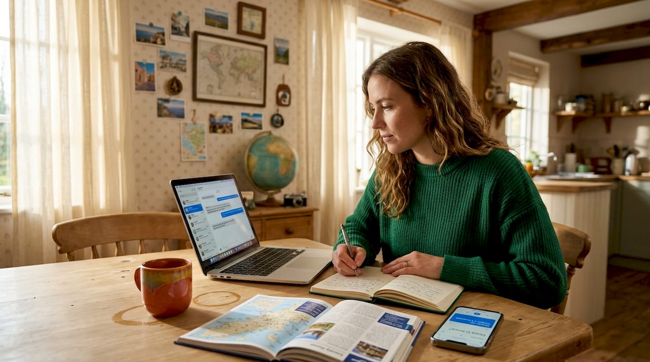 Woman planning travels at kitchen table with laptop