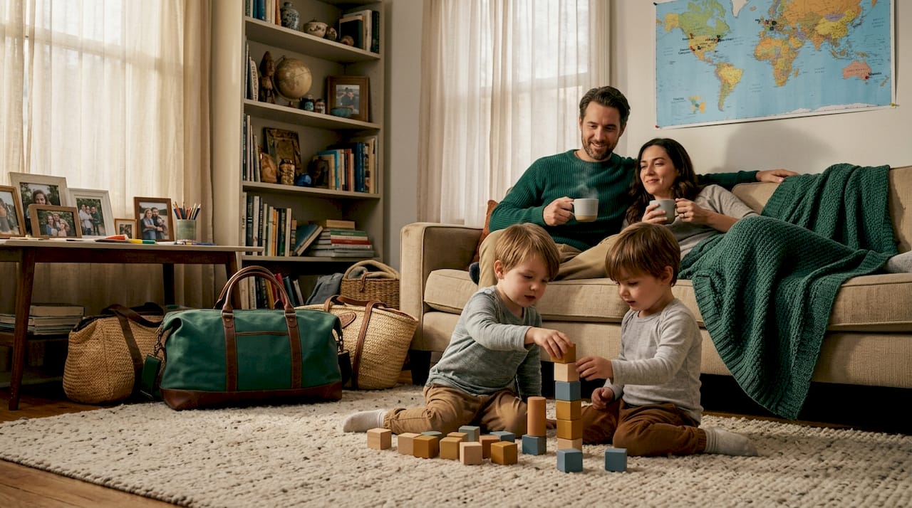 Family relaxing in cozy home exchange living room