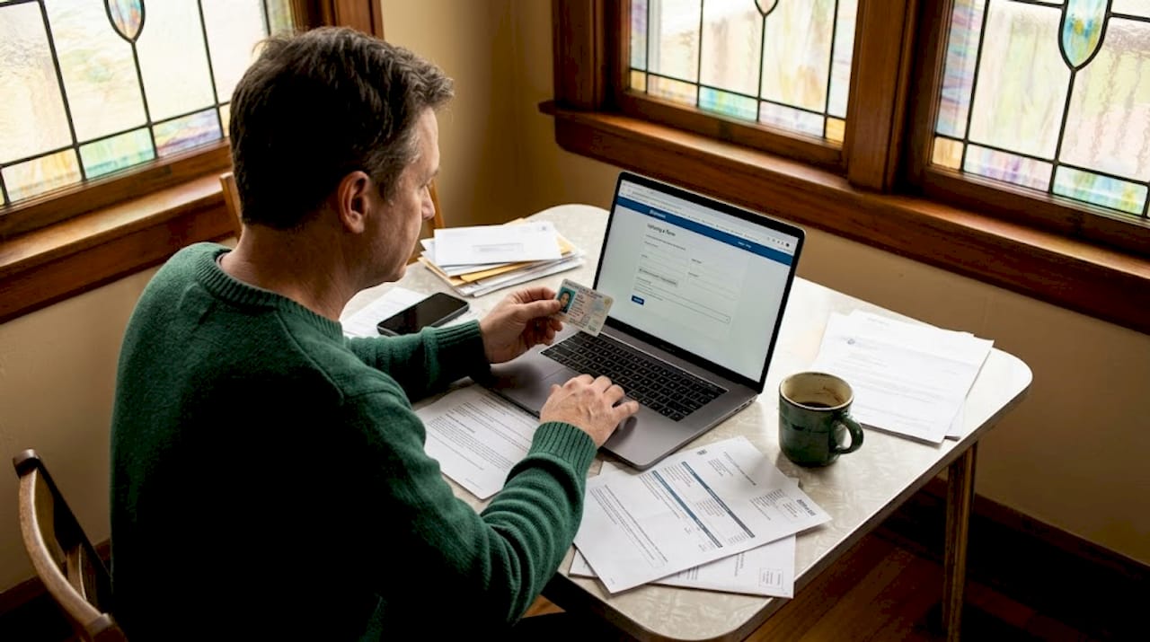 Homeowner verifying documents at kitchen table
