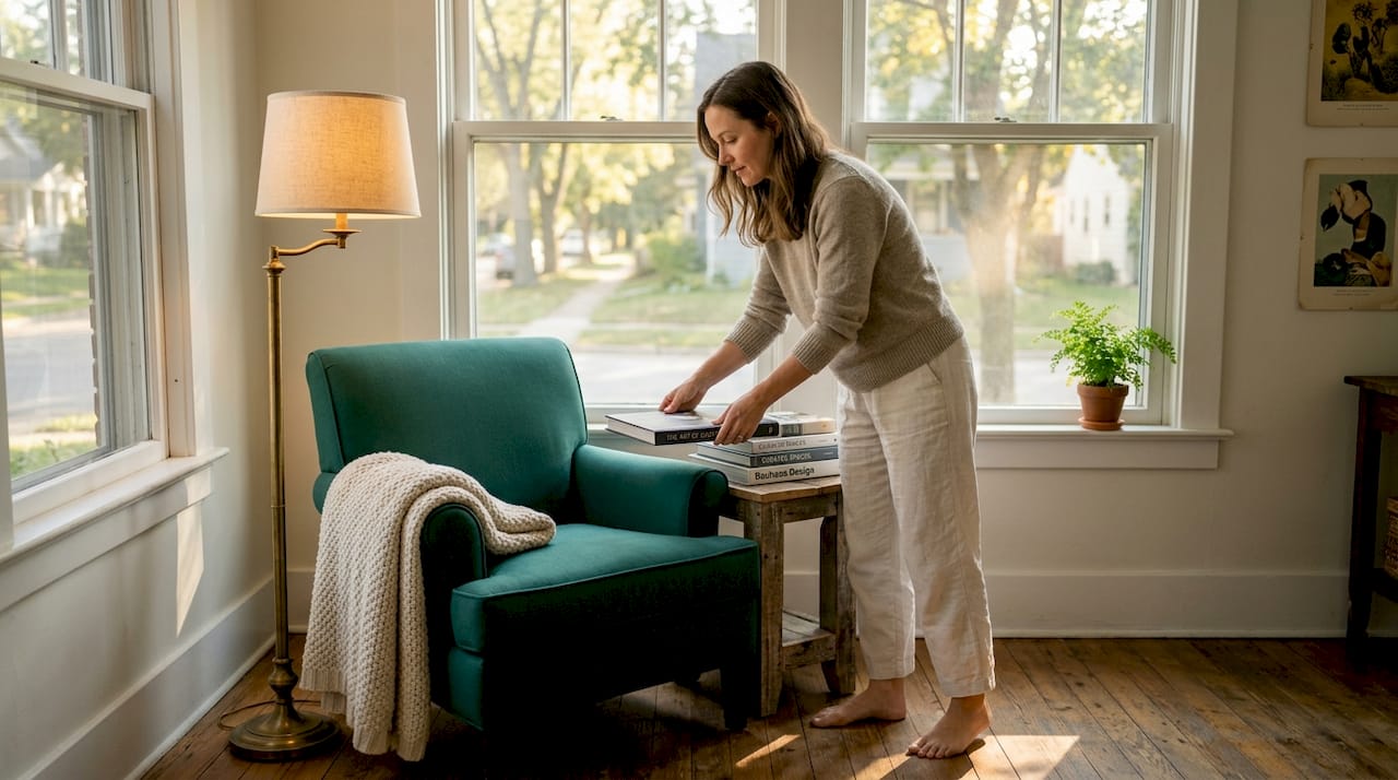 Woman arranging books in curated living room