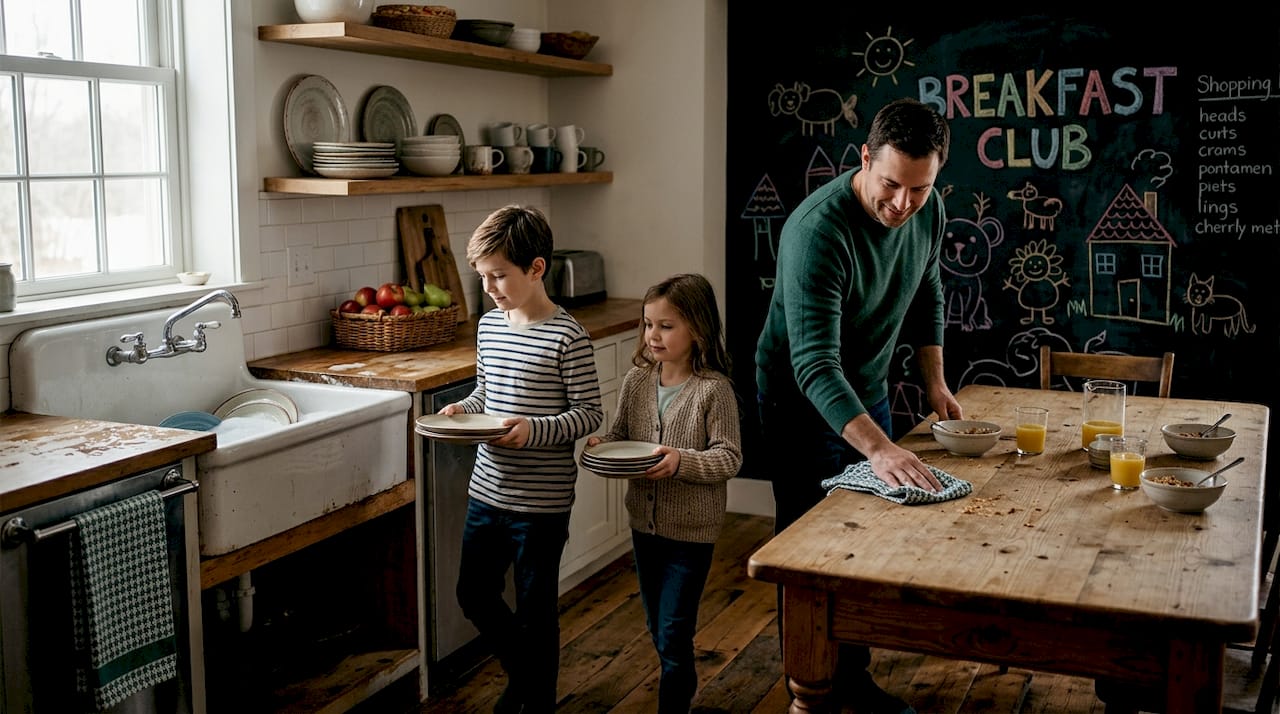 Family cleaning in a curated kitchen