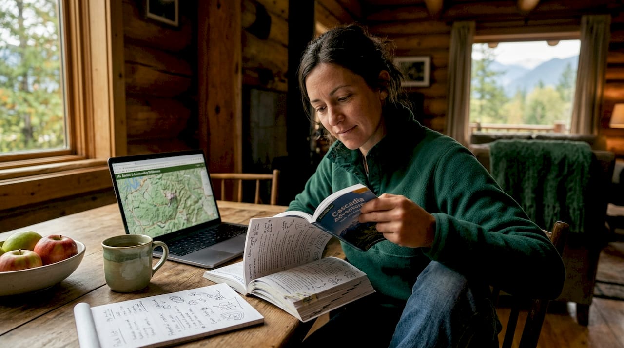 Woman planning authentic travel at kitchen table