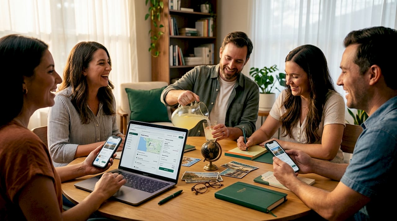Travelers review plans together at home table
