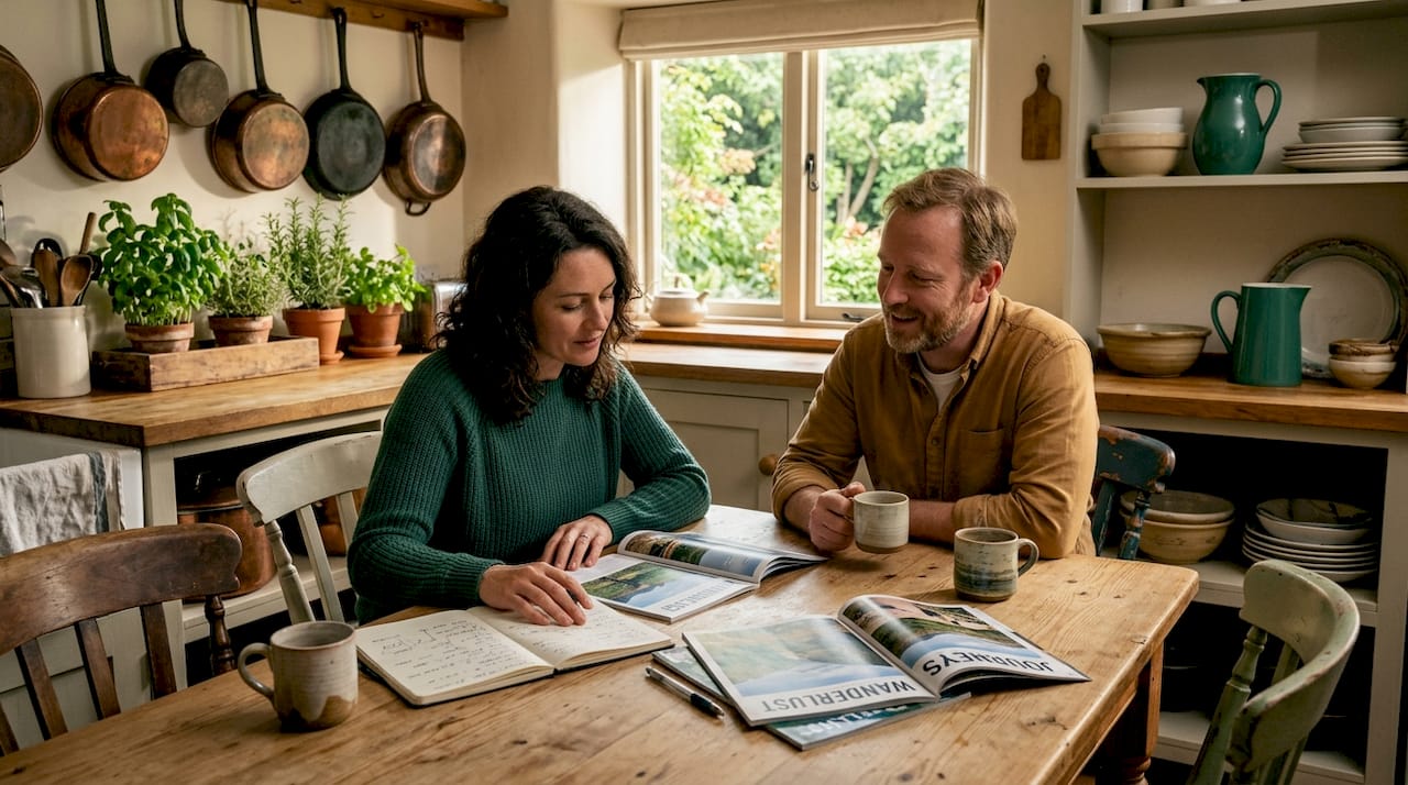 Couple enjoying authentic home exchange living room