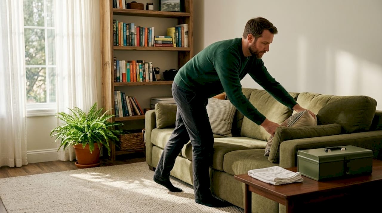 Man staging living room for home photos