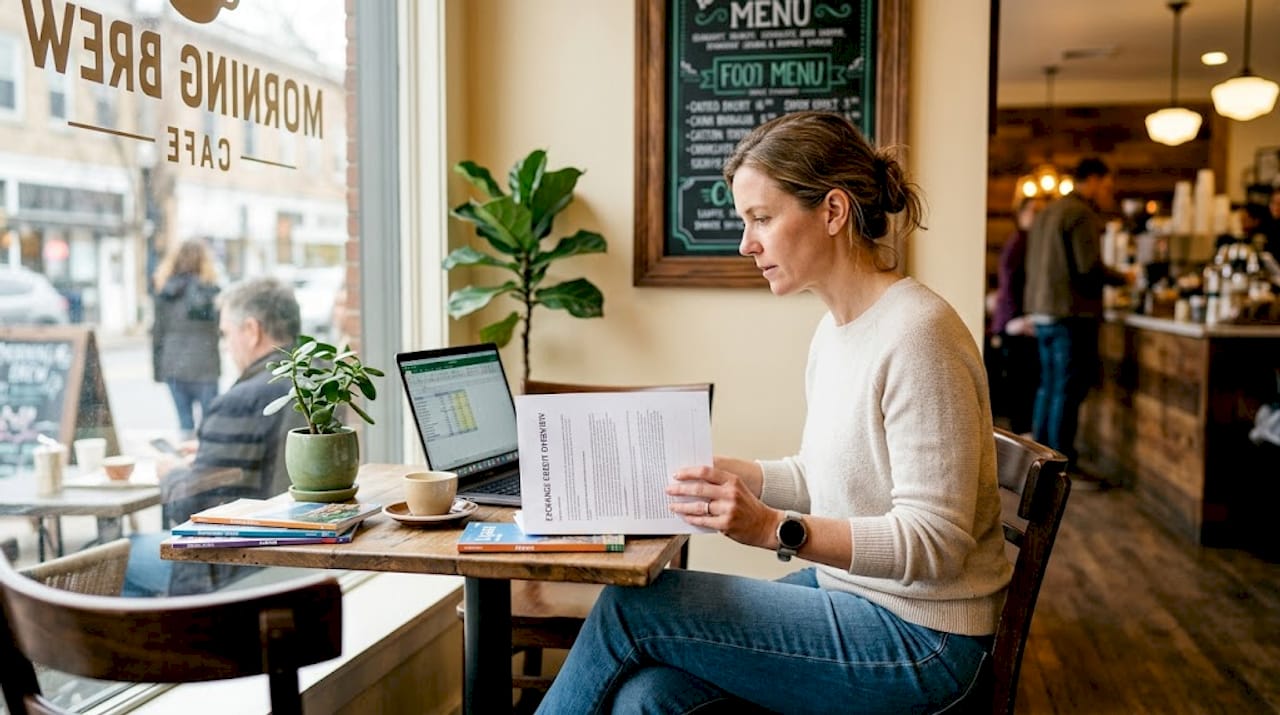 Woman organizing home exchange credits at kitchen table