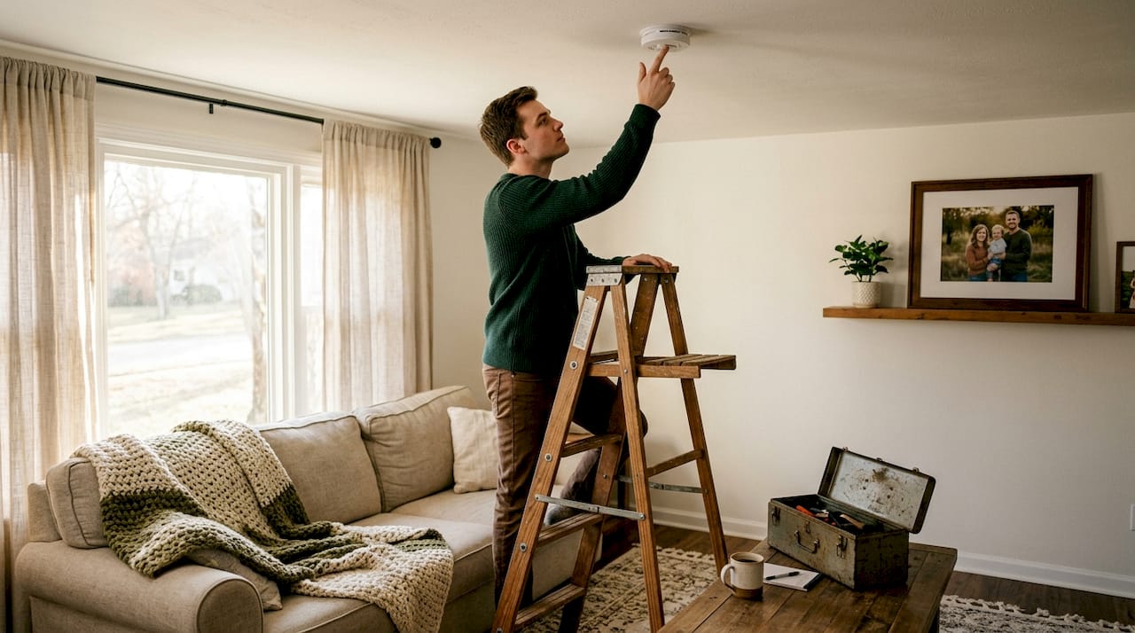 Guest tests smoke detector in bright living room