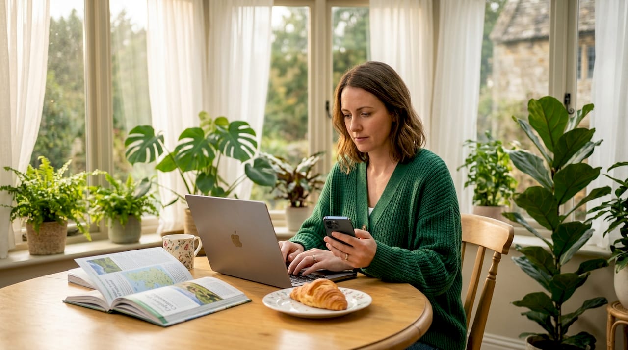 Woman researching travel with local tips at kitchen table