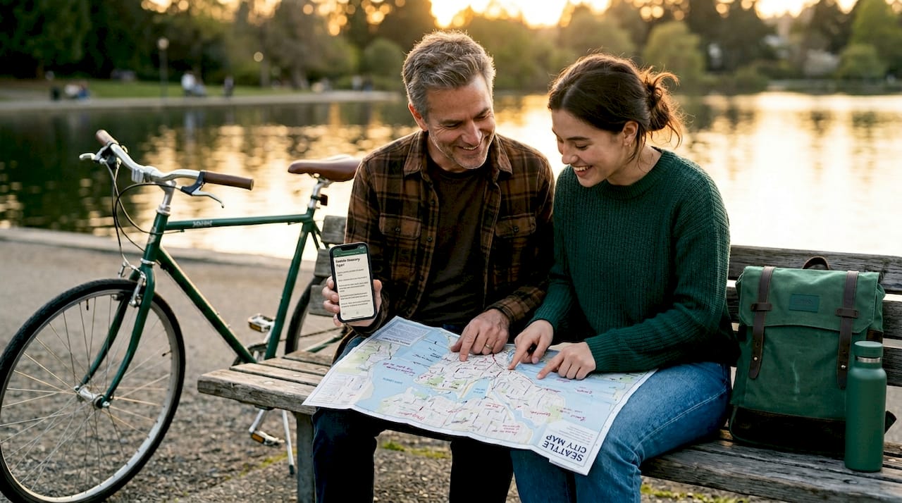 Travelers discussing local tips in city park