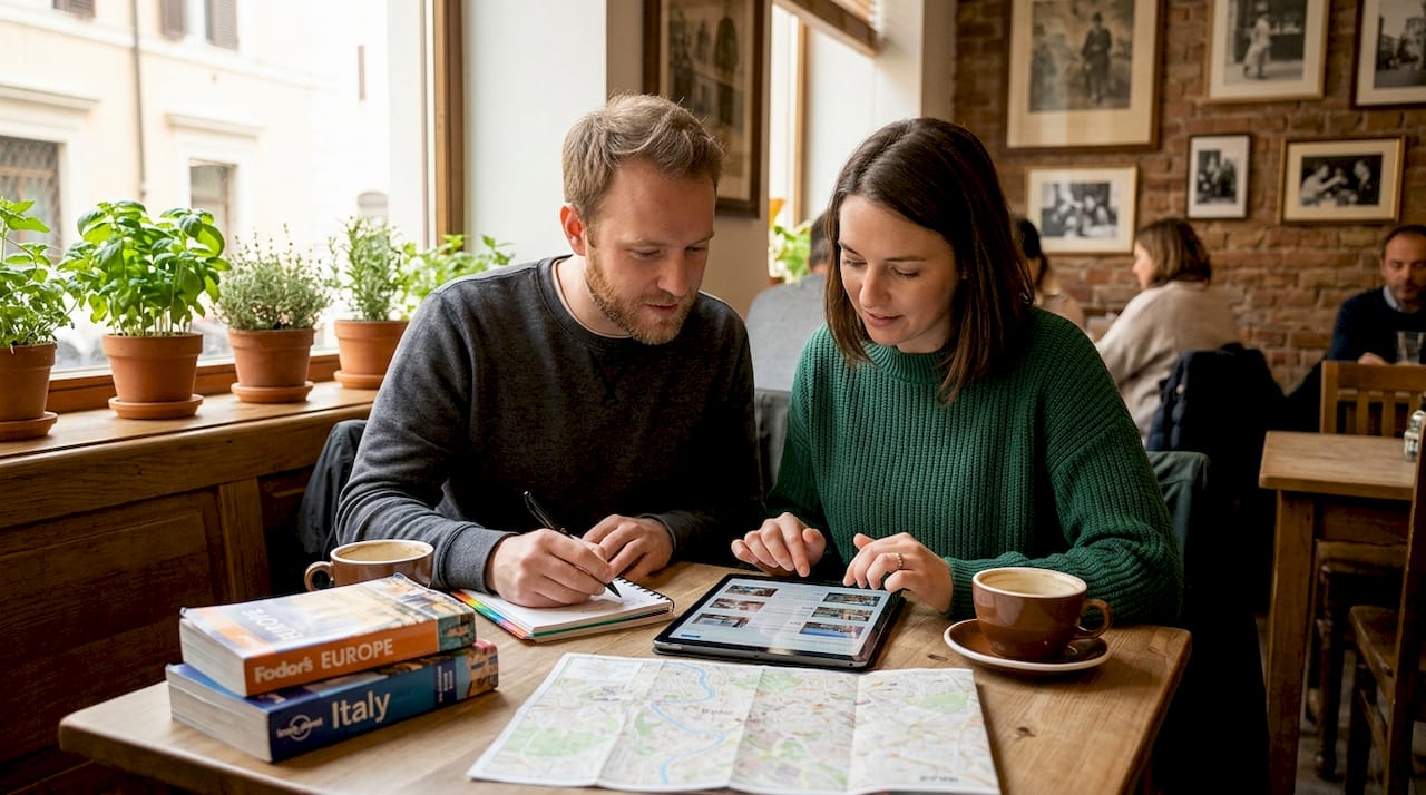 Couple reviewing travel lodging options