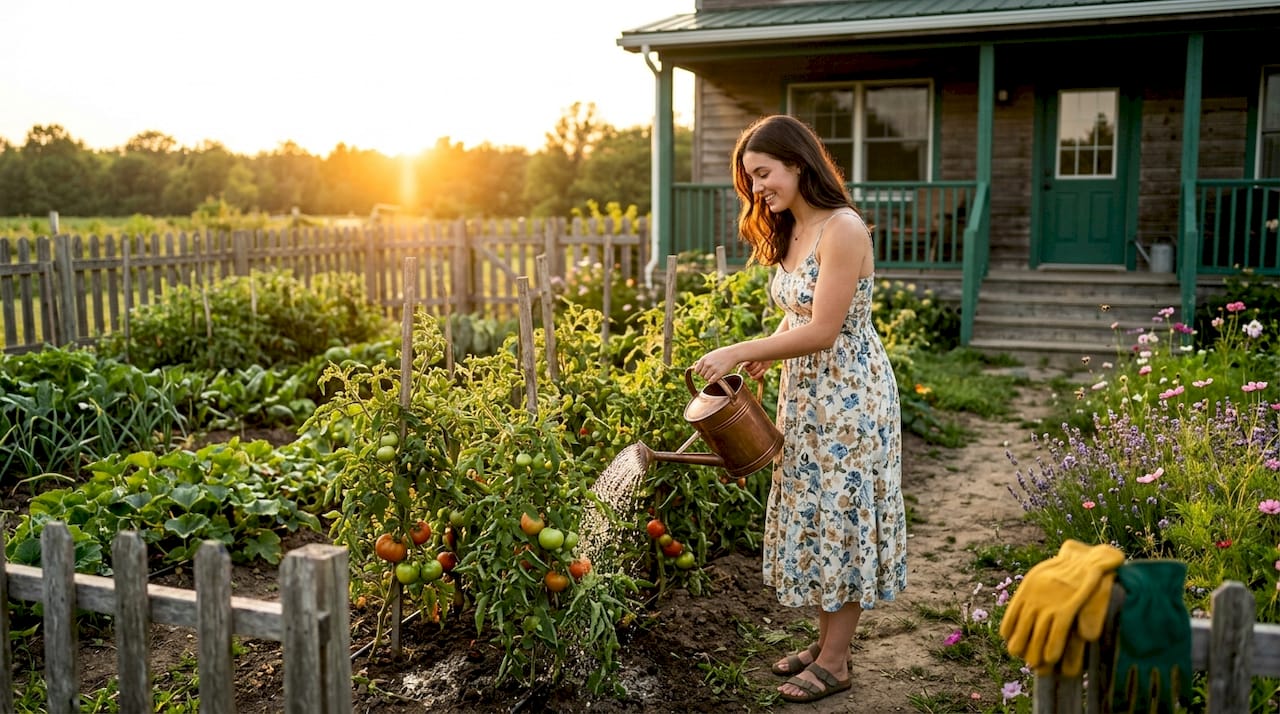 Guest tending vegetable garden at farm stay