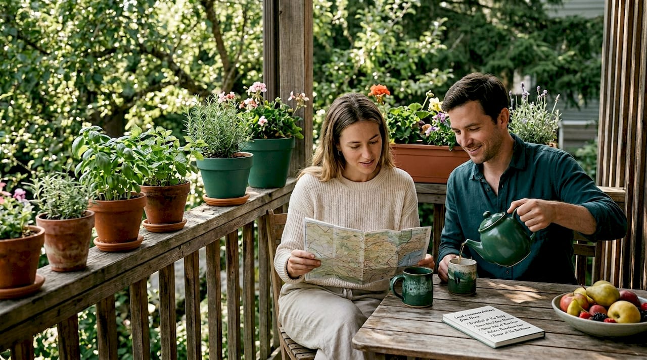 Travelers planning day at local guesthouse
