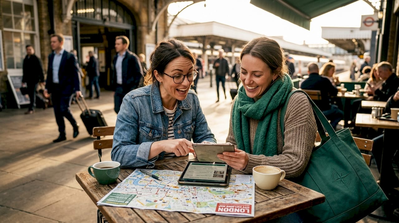 Travelers sharing information in a busy café