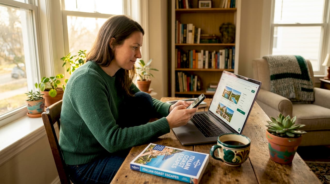 Traveler browsing curated stays on laptop