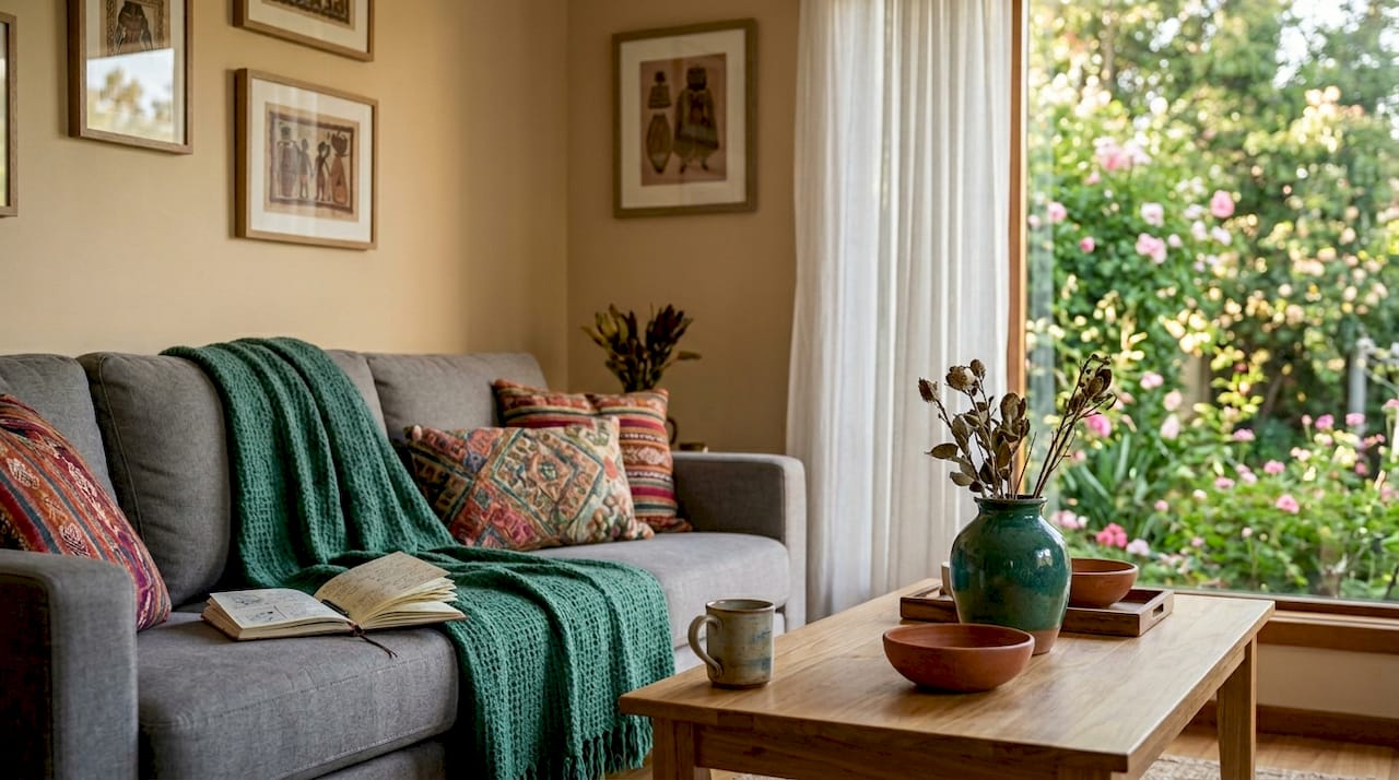 Interior of curated vacation rental with local decor