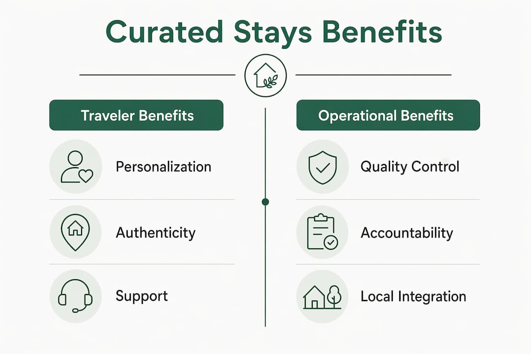 Infographic comparing traveler and operational benefits of curated stays