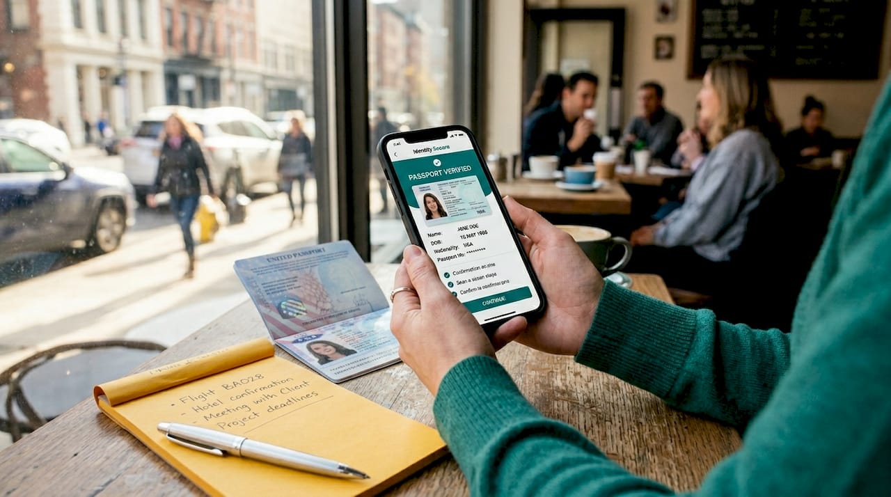 Hands holding smartphone showing digital identity verification
