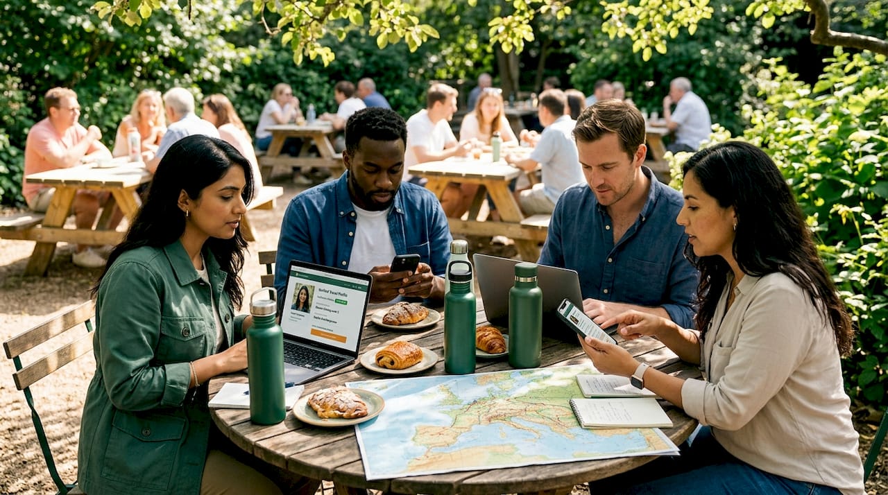 Group reviewing travel community vetting together