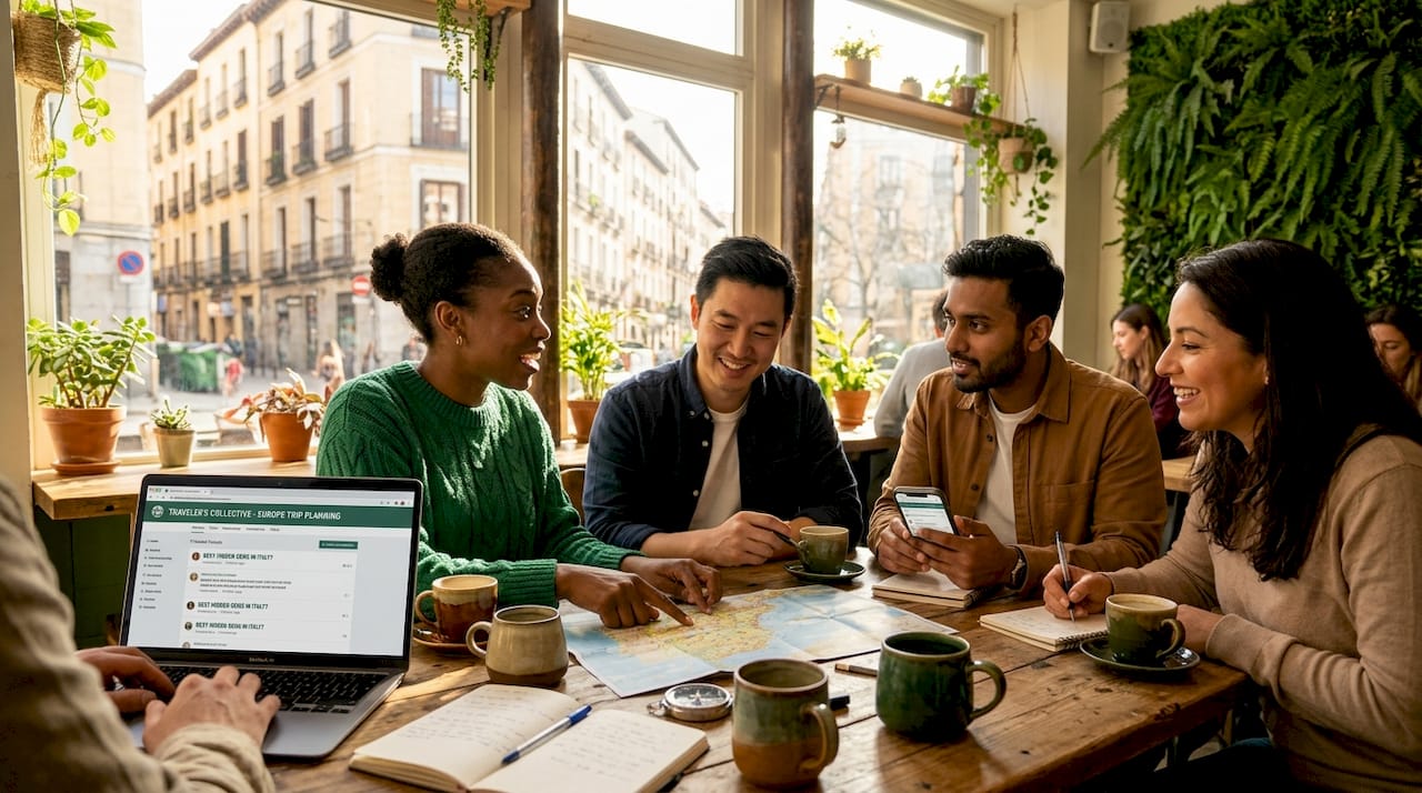 People discussing travel trust at café table