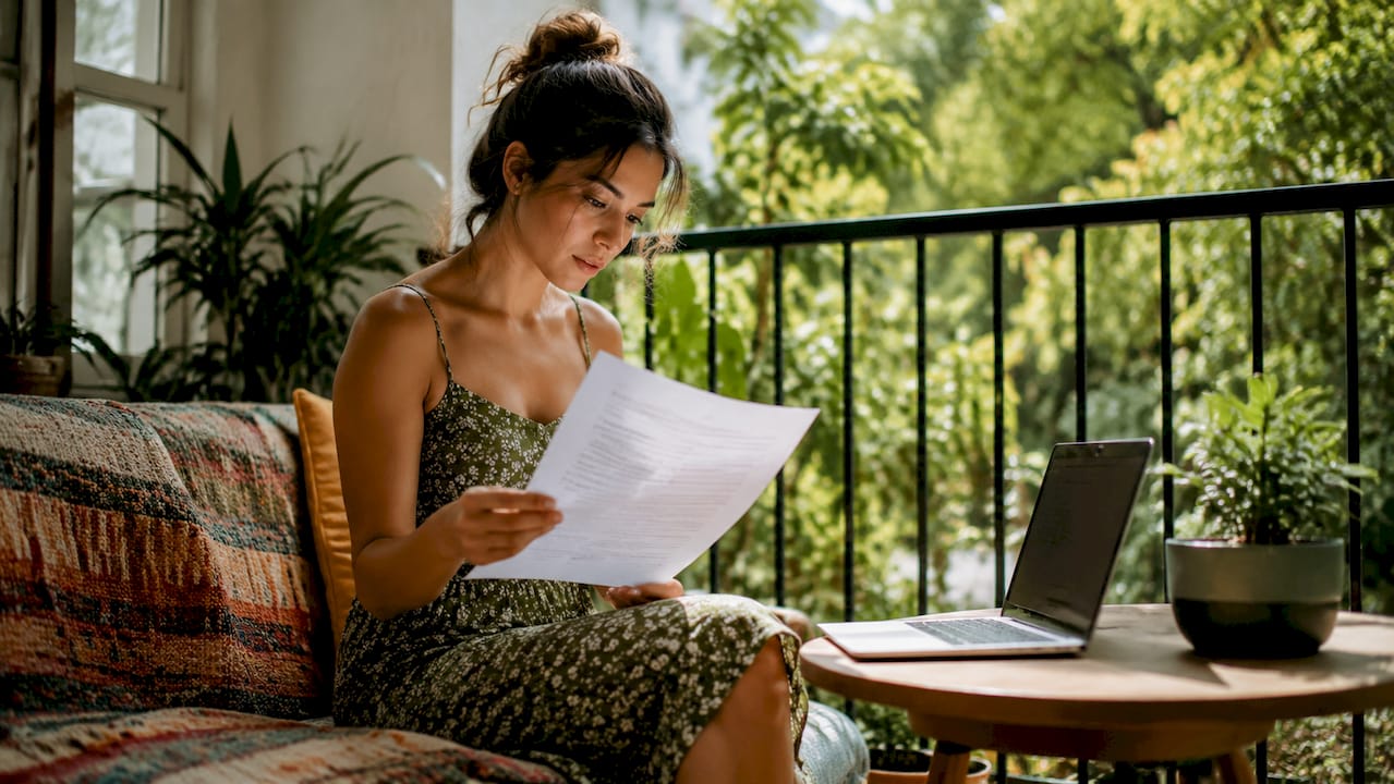 Woman reviewing home exchange documents