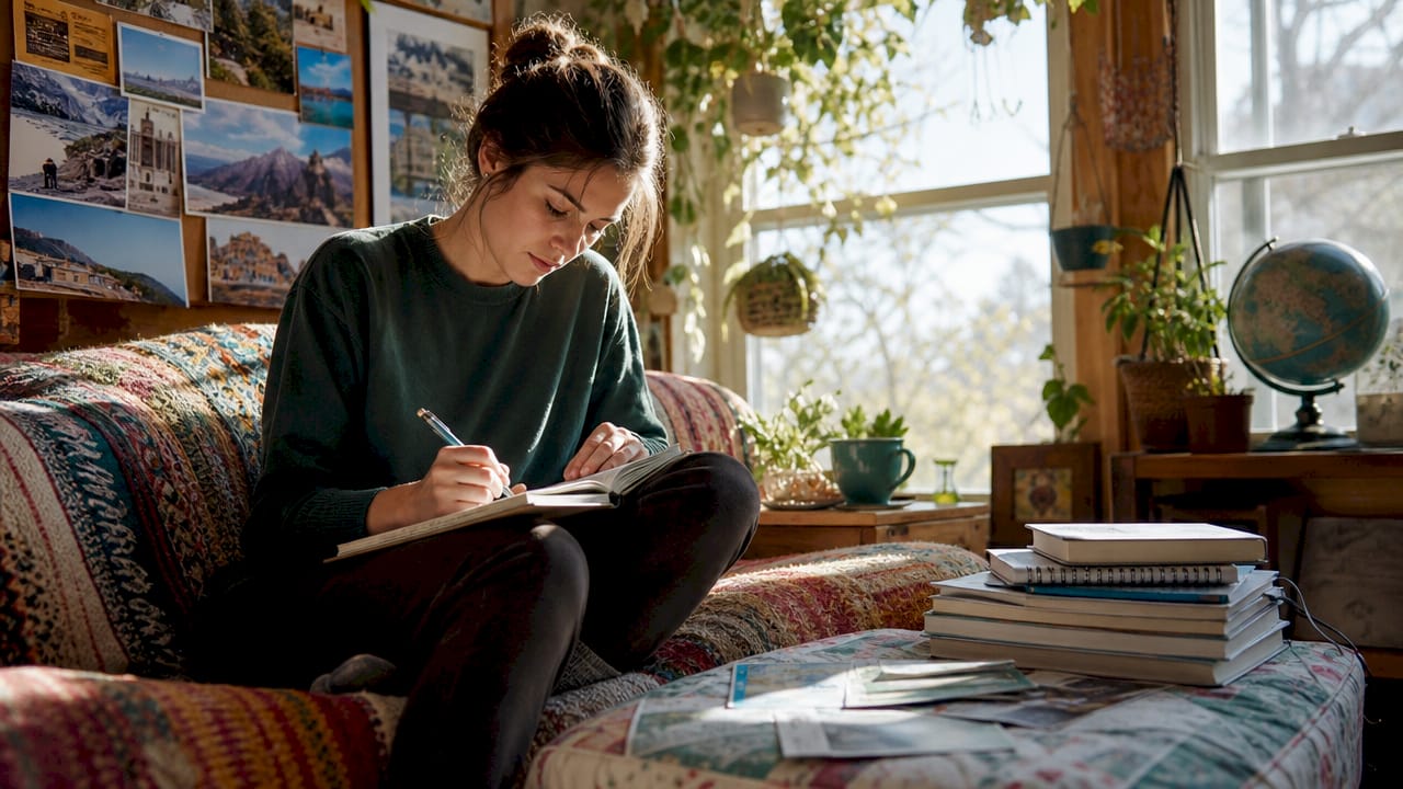 Woman planning travel exchange program at home