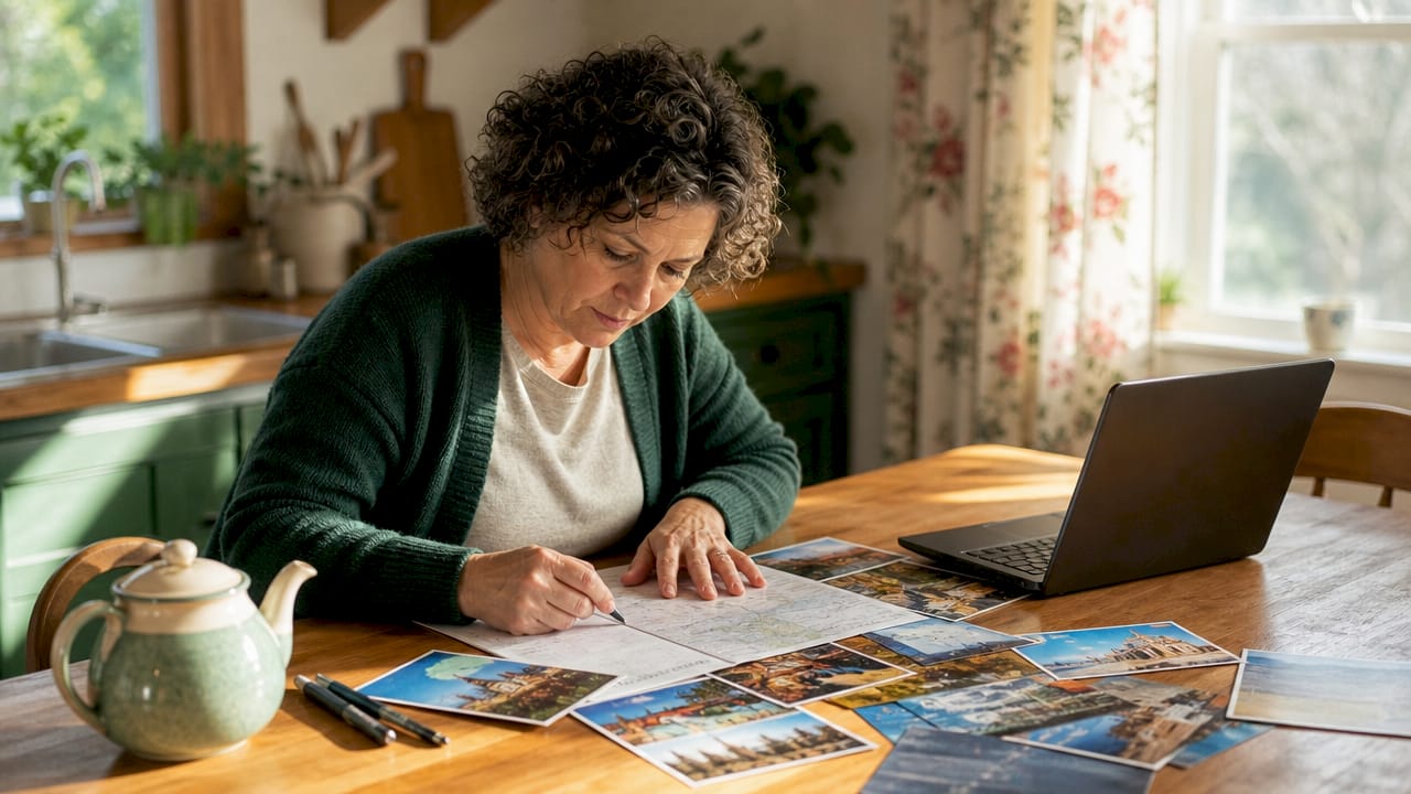 Woman planning home swap travel at table