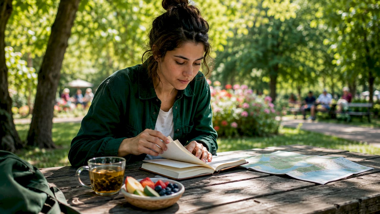 Young woman planning budget travel outdoors