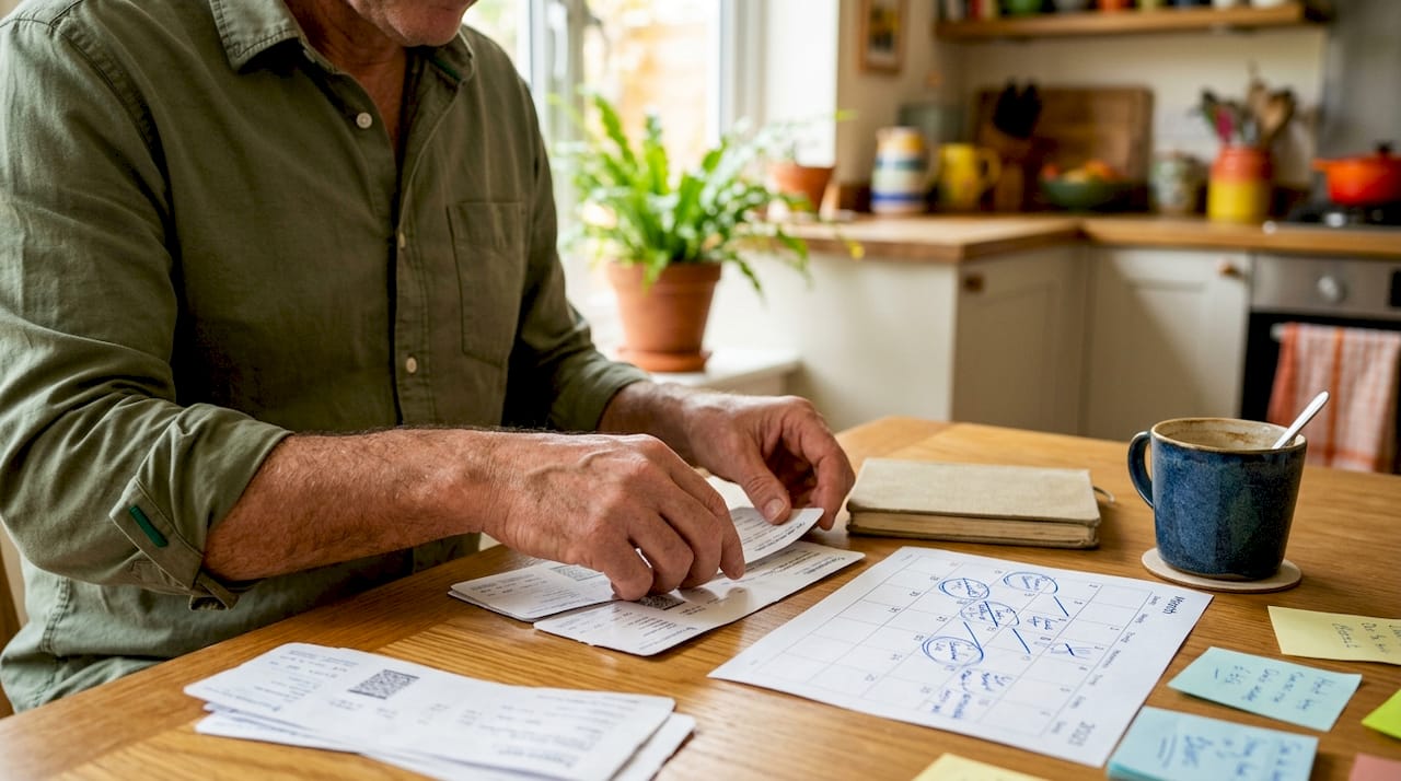Hands laying out travel tickets and calendar