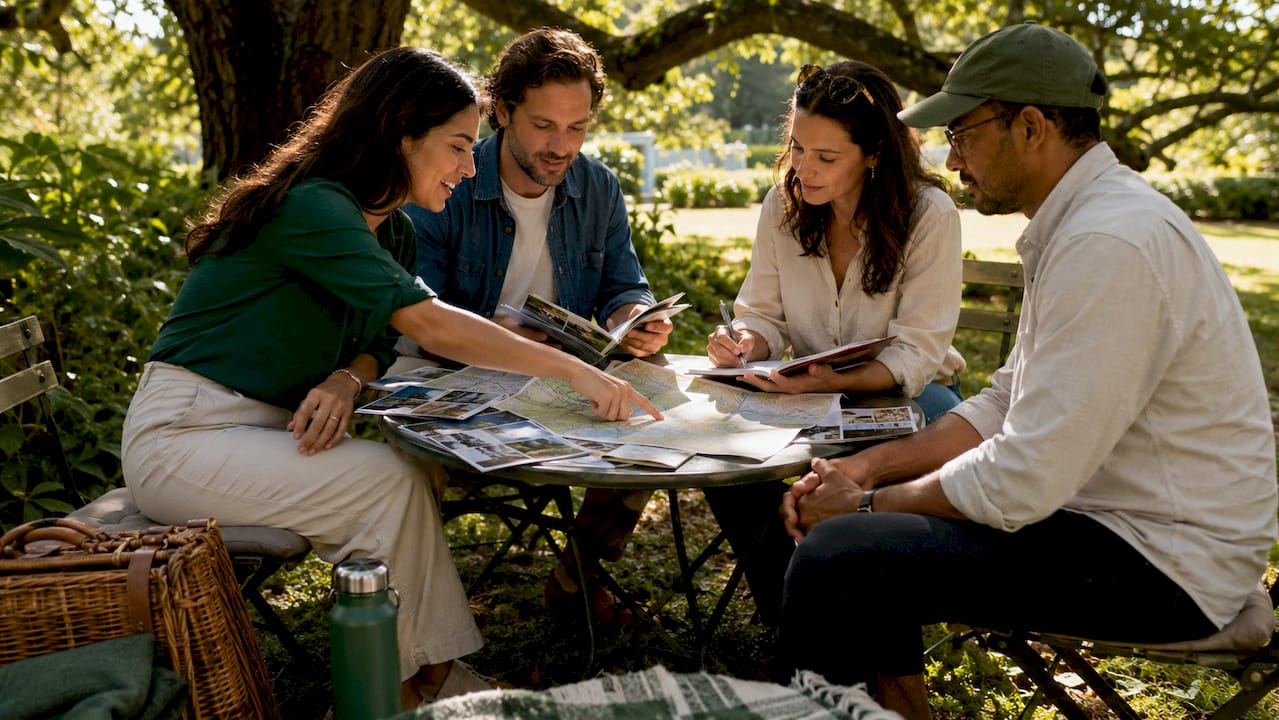 Group planning travel itinerary together indoors