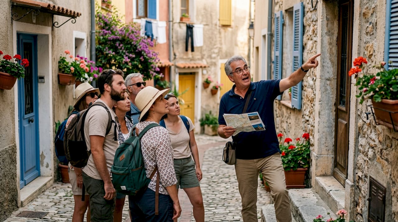 Local guide leading curated travel group at market