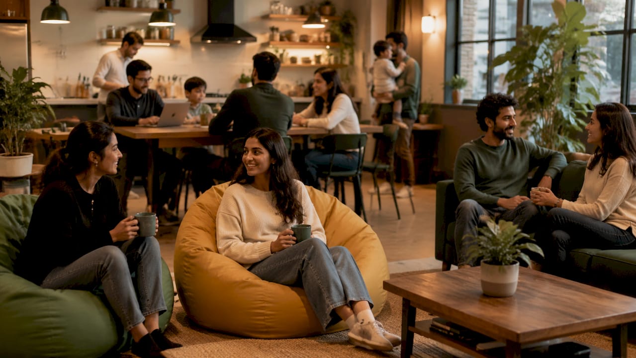 Coliving space common room energetic vibe
