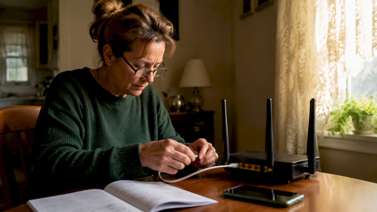 Woman setting up home network at kitchen table