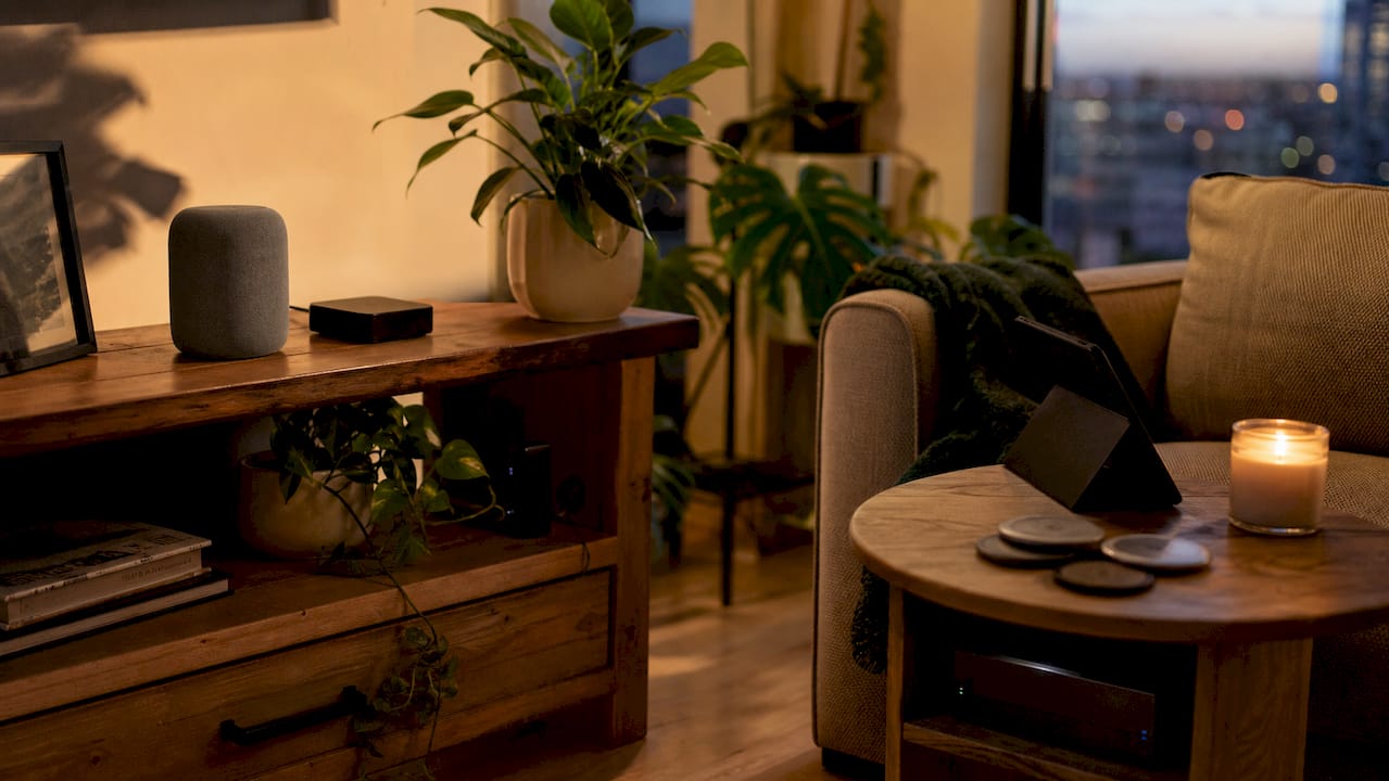 Connected smart home devices on coffee table