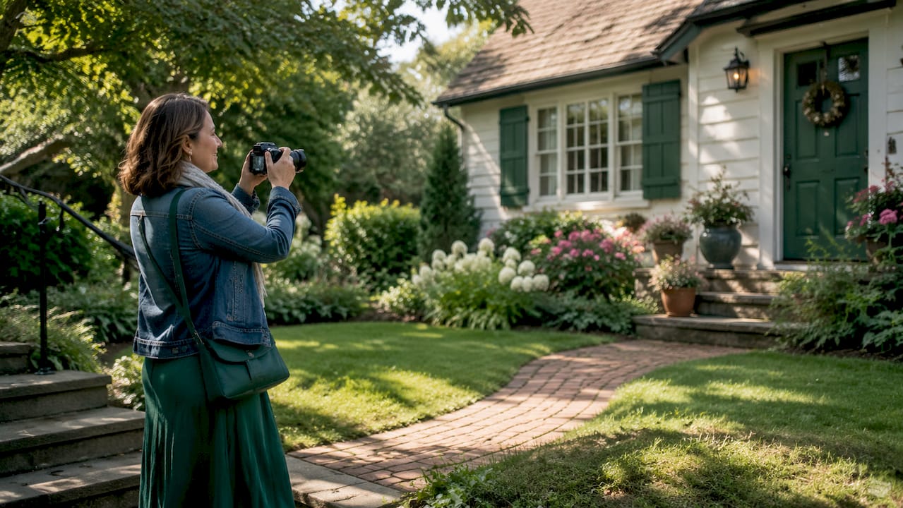 Woman photographing house exterior for listing