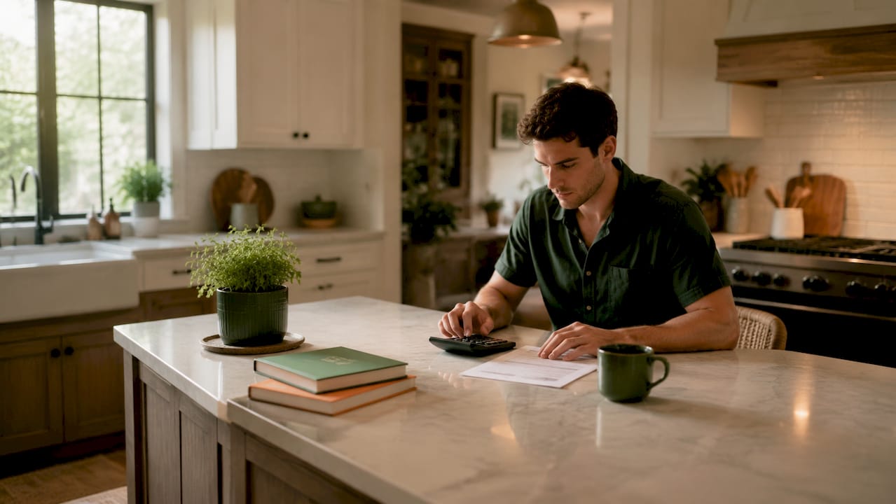 Hands calculating home listing price on desk