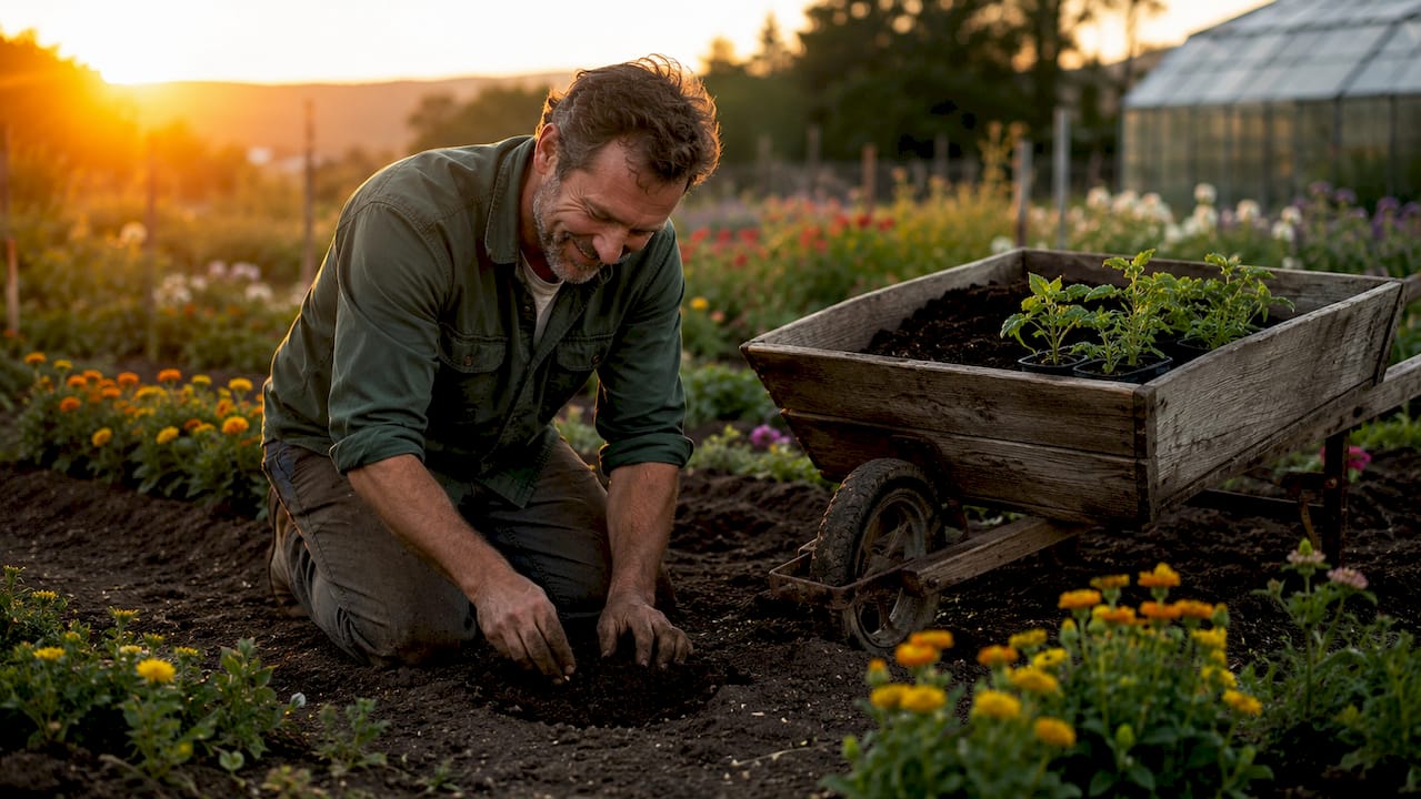 Volunteer planting seeds in community farm garden