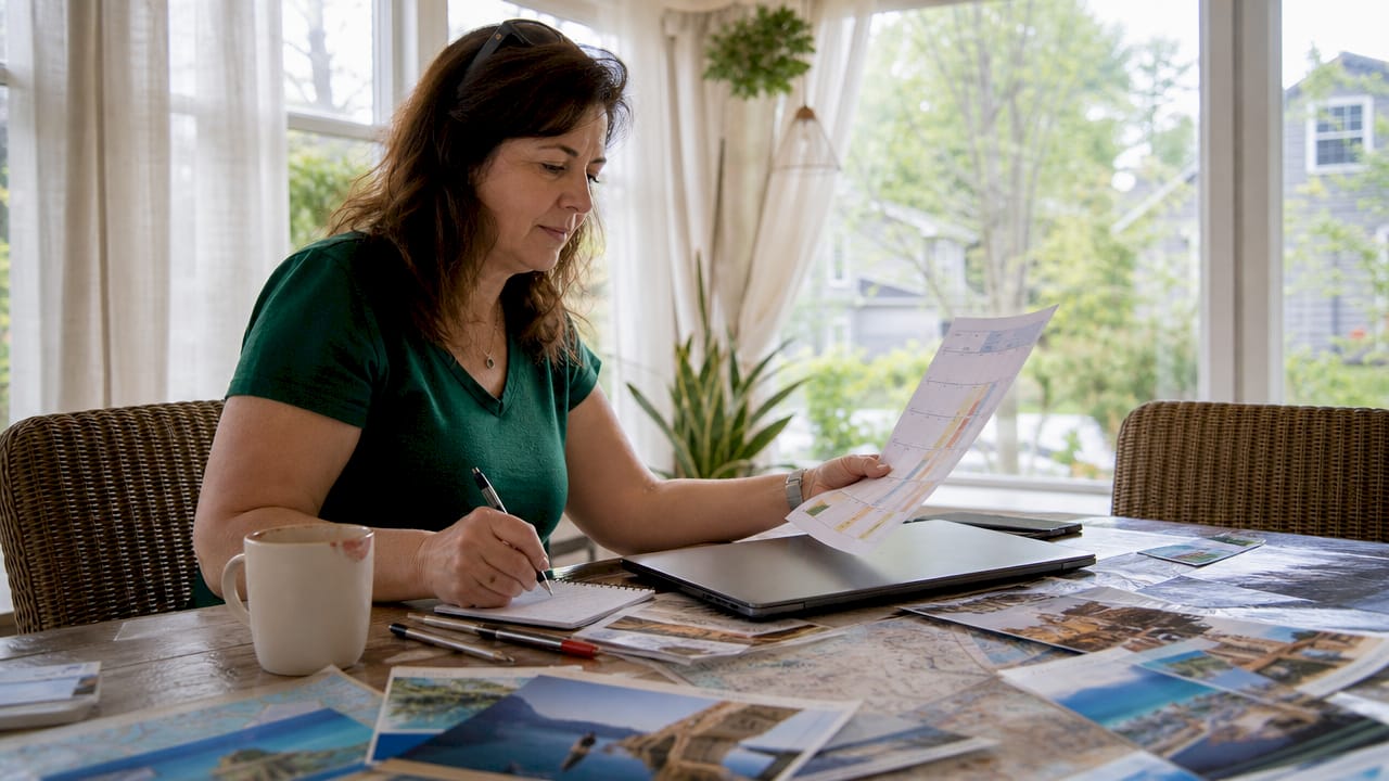 Woman organizing swap credits workflow at kitchen table