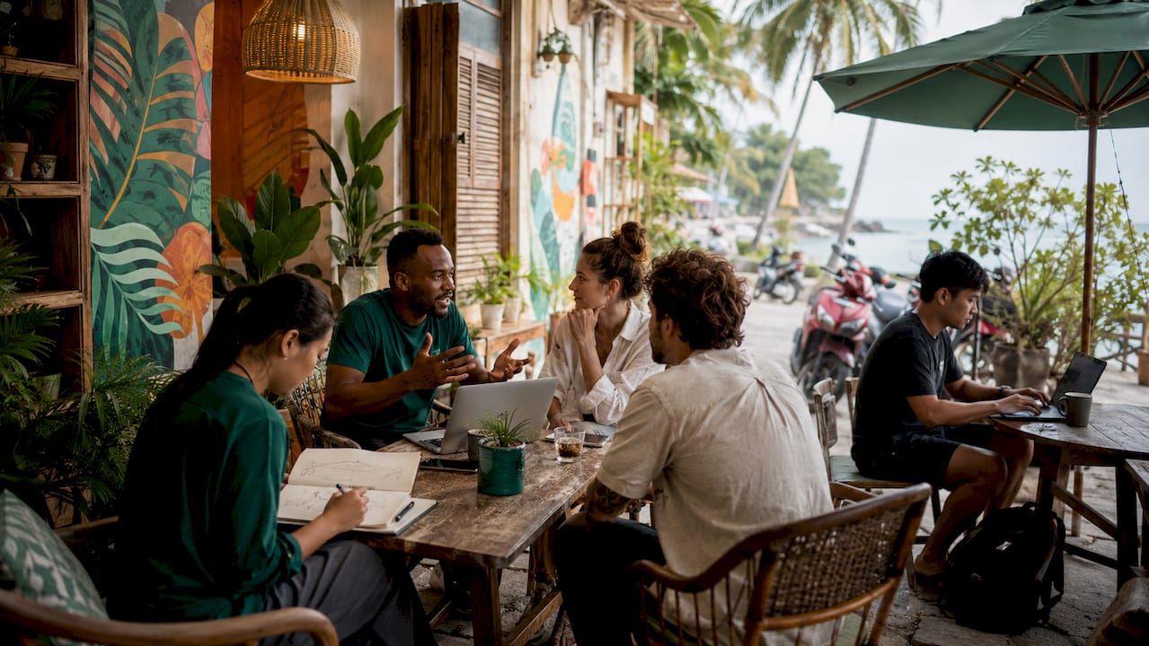 Diverse remote workers collaborating in beach villa
