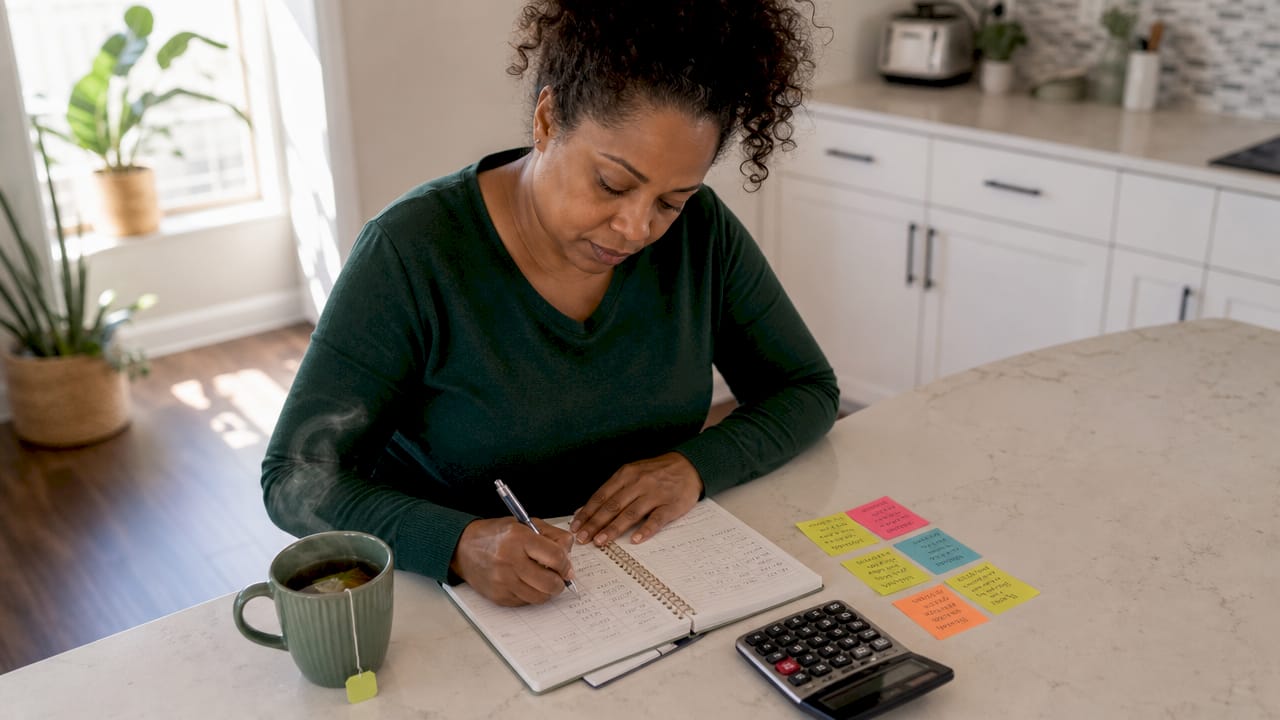 Person writing travel budget in planner