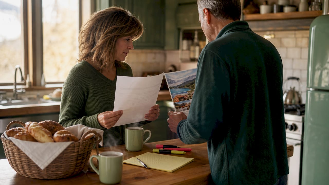 Couple reviewing home swap agreement in rental