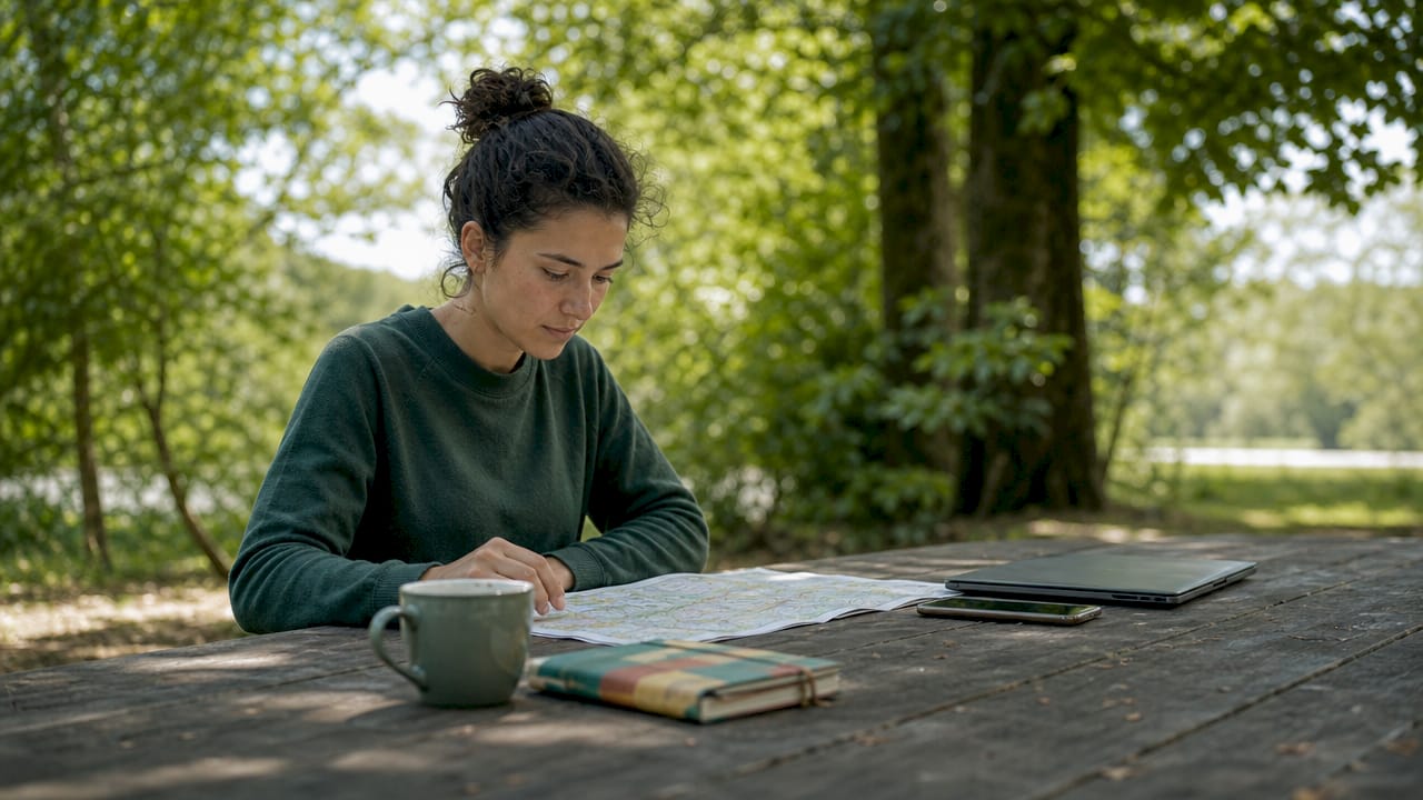 Traveler researching peer-to-peer lodging in café