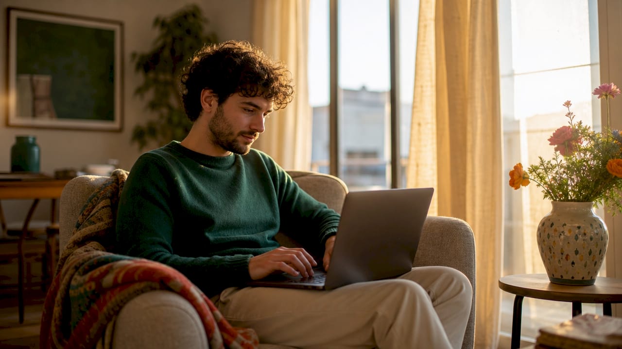 Over-shoulder view of man reading reviews on laptop