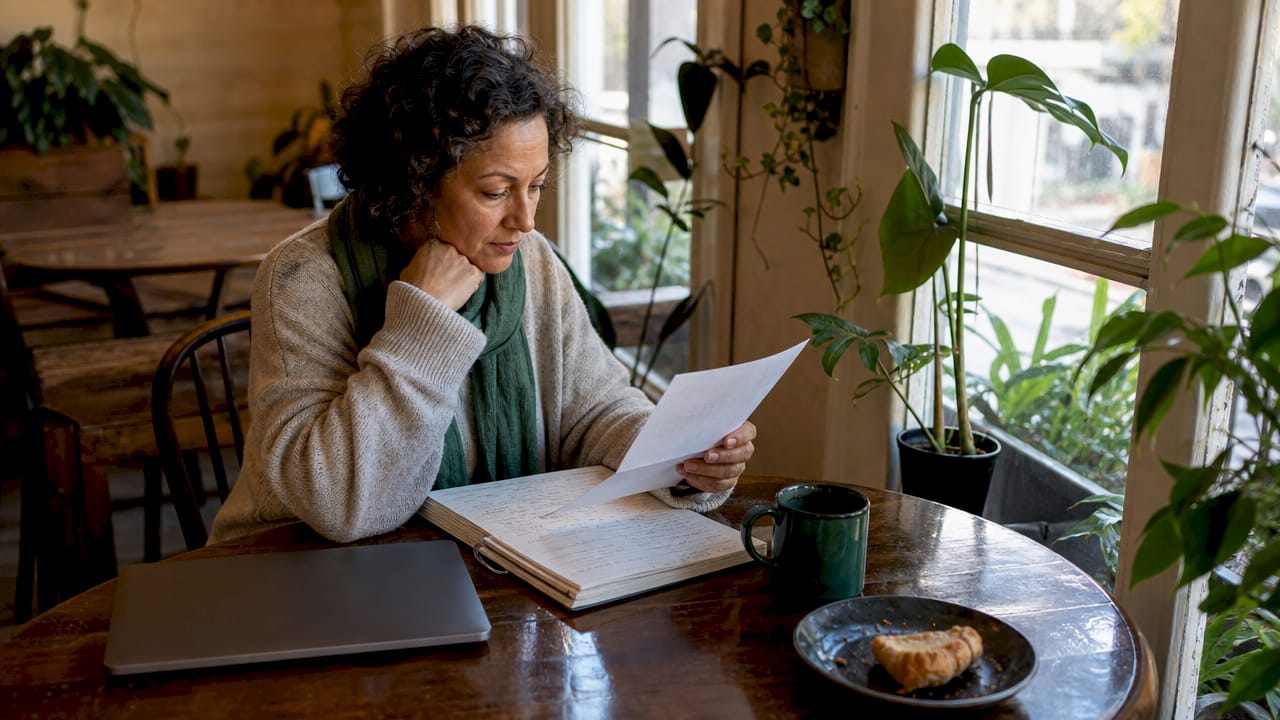 Woman reading printed user reviews at home