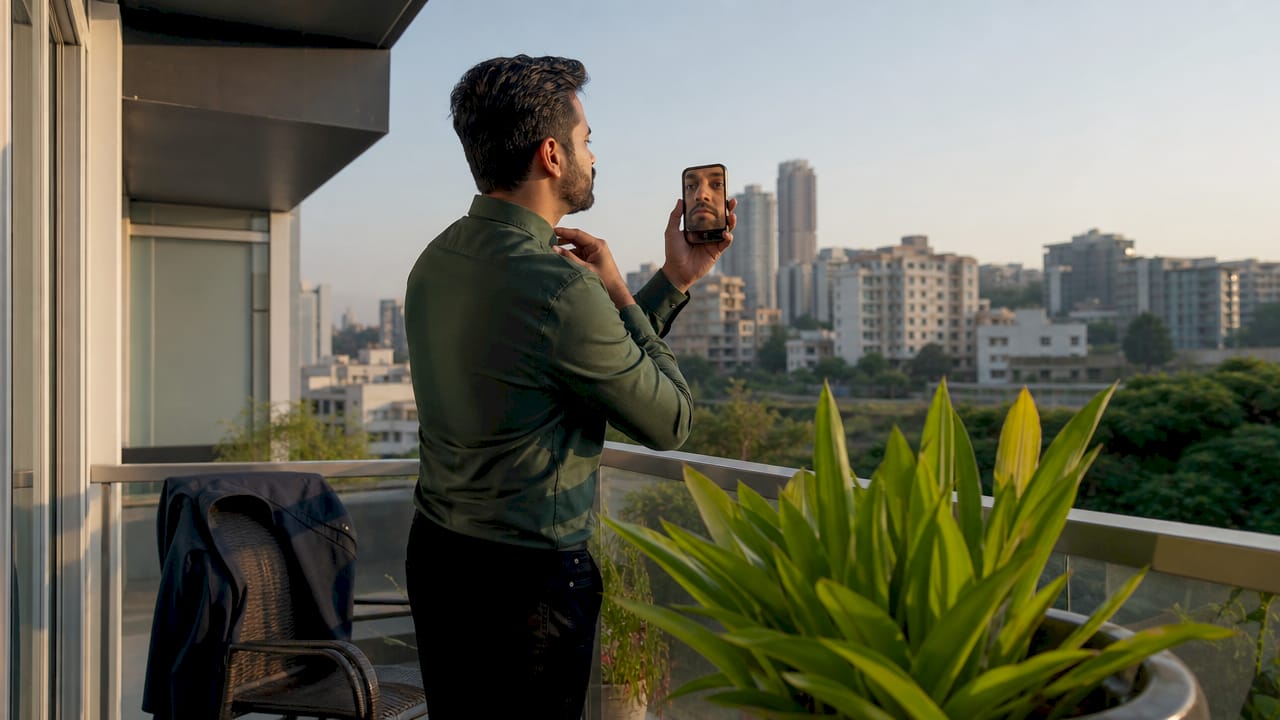 Homeowner preparing for profile photo in living room