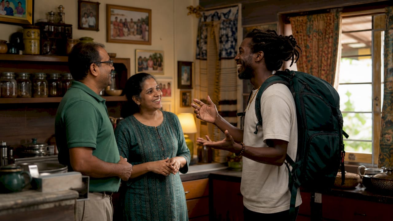 Hosts welcoming traveler in shared home