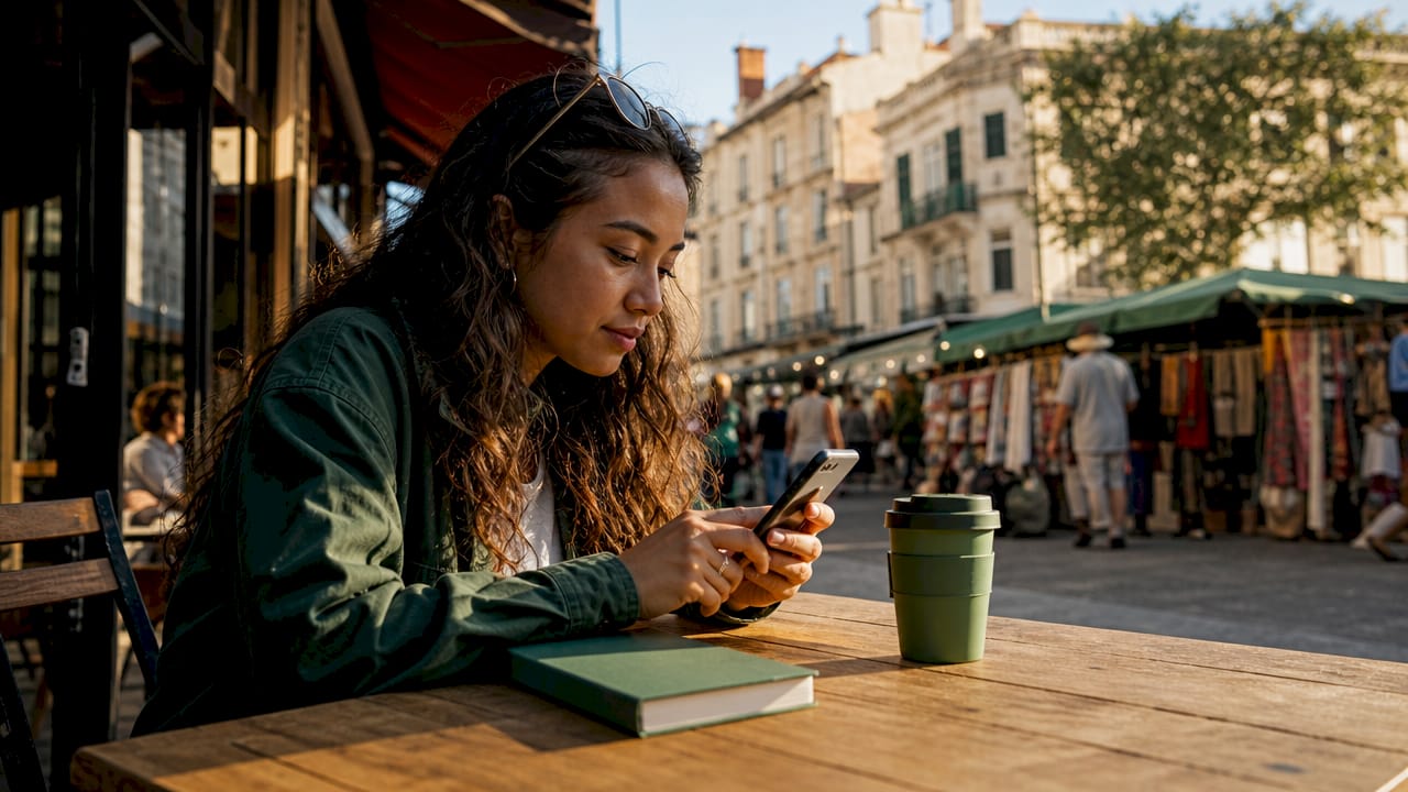 Traveler browsing sharing economy app outdoors