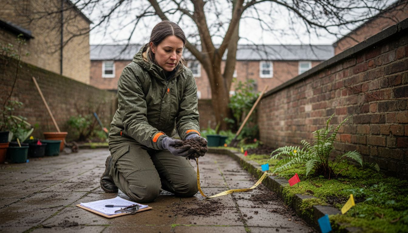Garden specialist conducting soil analysis and survey